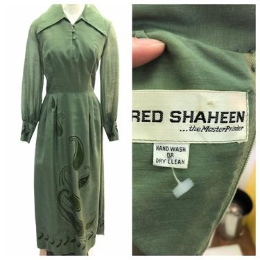 Vintage VTG 1970s 70s Alfred Shaheen Green Paisley Long Sleeve Maxi Dress 