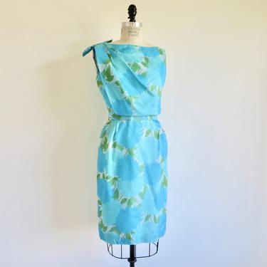 Vintage 1960's Turquoise Aqua Blue Floral Print Sheath Dress Shoulder Bow Trim 60's Spring Summer Mad Men Style  27&amp;quot; Waist Small 