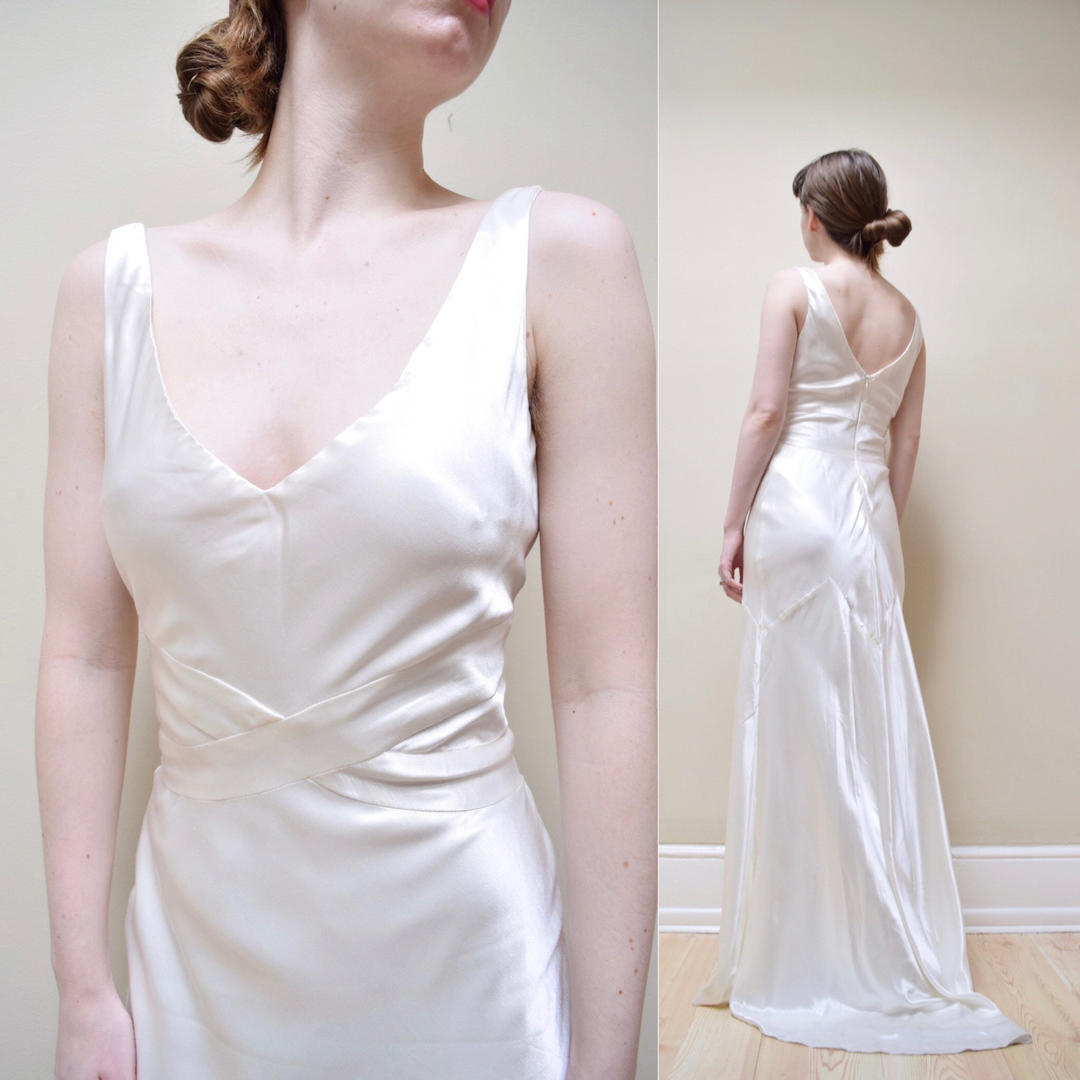 90s Does 30s Satin Bias Cut Rayon Wedding Dress Charmeuse Low