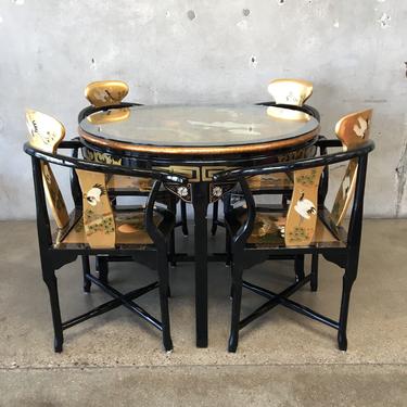 Chinese Black Lacquer Dining Table with Four Corner Chairs