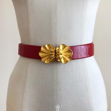 Red Vinyl Belt with Decorative Gold-Toned Buckle - 1970s 