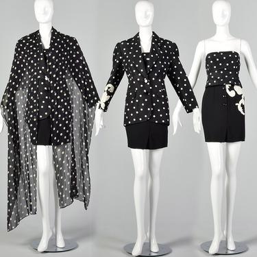 XXS Paco Rabanne 1990s Separates Set Polka Dot Suit Women's Three Piece Vintage Mini Skirt Bustier Blazer 