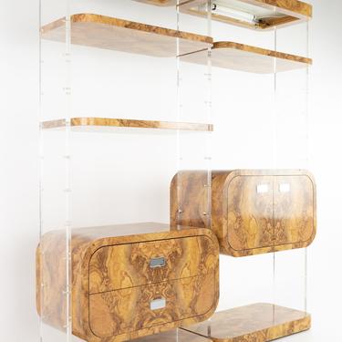 Milo Baughman Style Mid Century Burlwood Laminate and Lucite Bookcases - Pair - mcm 