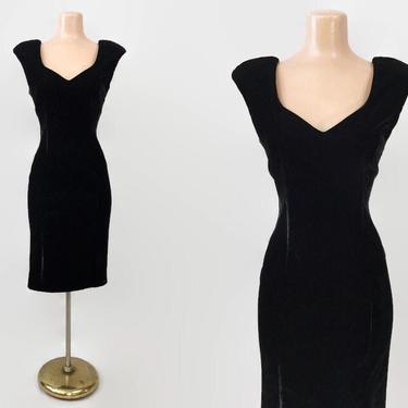 VINTAGE 80s Black Velvet Bombshell Cocktail Dress | 1980s Contempo Casuals Cocktail Dress | Sexy Bold Shoulder Wiggle Dress | Sz 9 