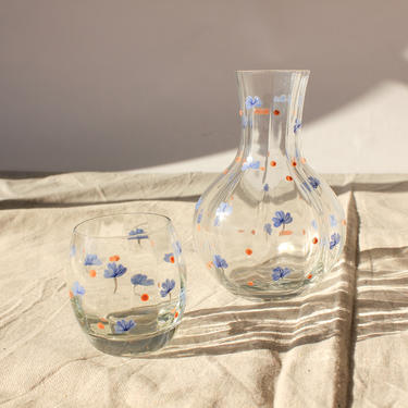 VTG Hand Painted Floral Clear Glass Tumble Up Bedside Water Carafe With Cup