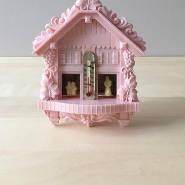 vintage Mystic weather forecaster with thermometer - Hansel and Gretel pink plastic house 