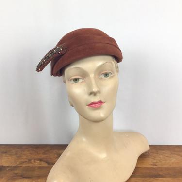 Vintage 40s hat | Vintage burnt orange velour beaded hat  | 1940s Juli Kay millinery 