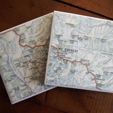 1971 Himalayas Vintage Map Coasters Set of 2 - Ceramic Tile - Repurposed 1970s Times Atlas - Handmade - Mount Everest - Nepal - Tibet 