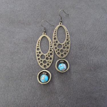 Imperial jasper earrings, modern earrings, rustic bronze earrings, mid century modern earrings, unique statement earrings, blue ethnic 3 