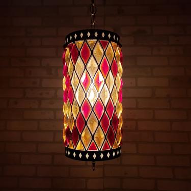Large Mid Century Modern MCM Retro Groovy Multi Colored Rainbow Swag Chain Hanging Lamp Light 