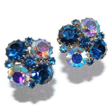 Weiss rhinestone clip on earrings blue aurora authentic borealis clear silver signed 1960s