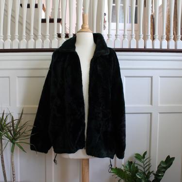 Vintage Faux Fur Fleece Zip Up Dark Green & Black Jacket Women's Size Small 