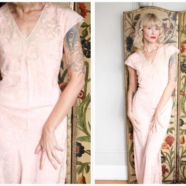 1940s Nightgown // Pale Pink Rayon &amp; Lace Nightgown // vintage 40s bias cut gown 