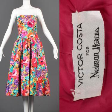 XS Victor Costa Off Shoulder Dress Backless Midi Dress Garden Party Summer Midi Cotton Drop Waist Pink Floral Neiman Marcus 