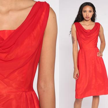 Red Chiffon Dress 60s Party Dress Mini Cocktail 1960s Cowl Neck High Waist Bow Formal Evening Drape Sleeveless Prom Vintage Glamorous Small 