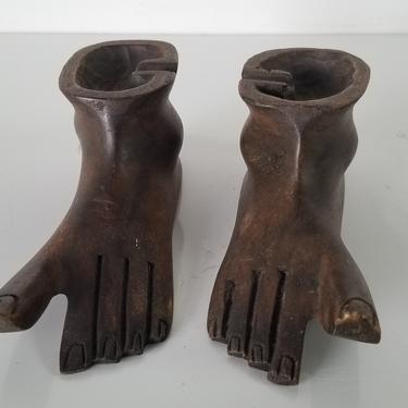 Vintage R. J Art Hand-Carved Wood Feet Ashtrays- a Pair. 
