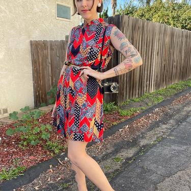 1970s floral and paisley patchwork sleeveless mini dress 