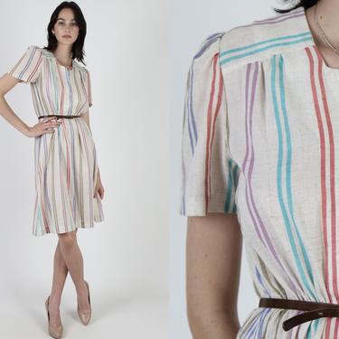 Rainbow Striped Dress / Vintage 80s Linen Dress / Vertical Stripe Secretary Dress / 1980s Casual Knee Length Mini Dress 
