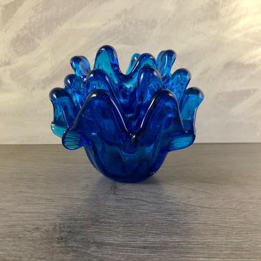 Vintage Glass Nesting Bowls Blue Italian Stacking Ashtrays Candleholder Murano Mid Century Modern 