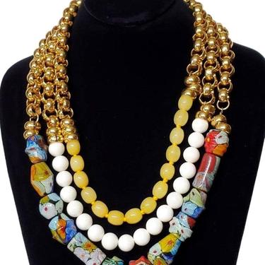 Murano Millefiori Glass Beaded Necklace - One of a Kind Statement Necklace - Yellow Jade Jewelry 