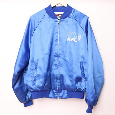 vintage 1970s 80s KFC blue &amp; silver fried chicken SILKY smooth BOMBER jacket -- men's size xl 