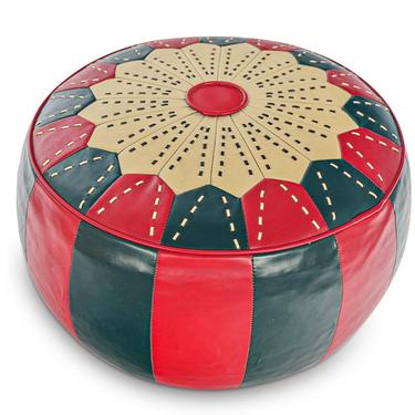 Danish Mid Century Modern Moroccan Red + Green Vinyl Pouff Ottoman 