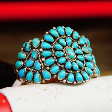 Vintage Navajo Signed JM Begay Silver Turquoise Cuff Bracelet, Chunky 52 Stone Turquoise Cluster Cuff, Native American Jewlery, 5 1/4&quot; L 