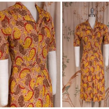 1940s Dress - Colorful Vintage Rayon Jersey 40s Day Dress in Autumnal Palette 
