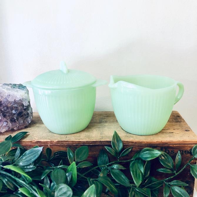 Vintage Fire King Creamer & Sugar w/ Lid Jadeite Jane Ray Anchor