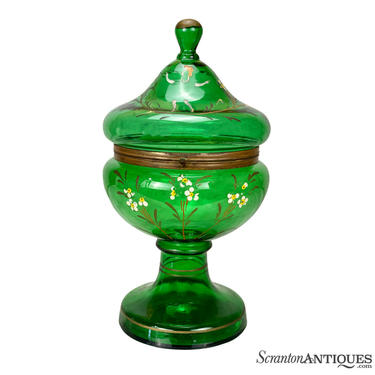 Vintage Czech Bohemian Blown Green Glass Hinged Top Apothecary Cookie Jar