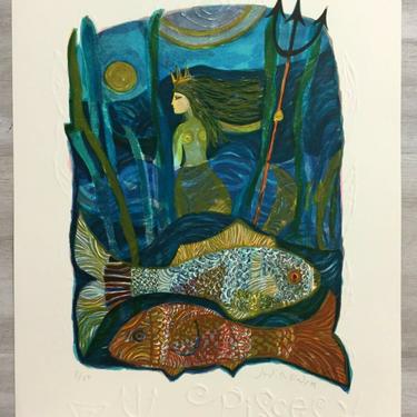 Mid Century Modern Unframed Pisces Zodiac Judith Bledsoe Hand Signed Lithograph 