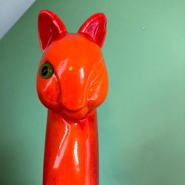 Rare Royal Haeger Bright Orange Winking Cat Tall Ceramic Statue Vintage 1950s 