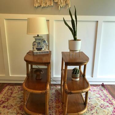Mid century rattan and wood 3  tier table, end table or plant stand vintage bohemian 