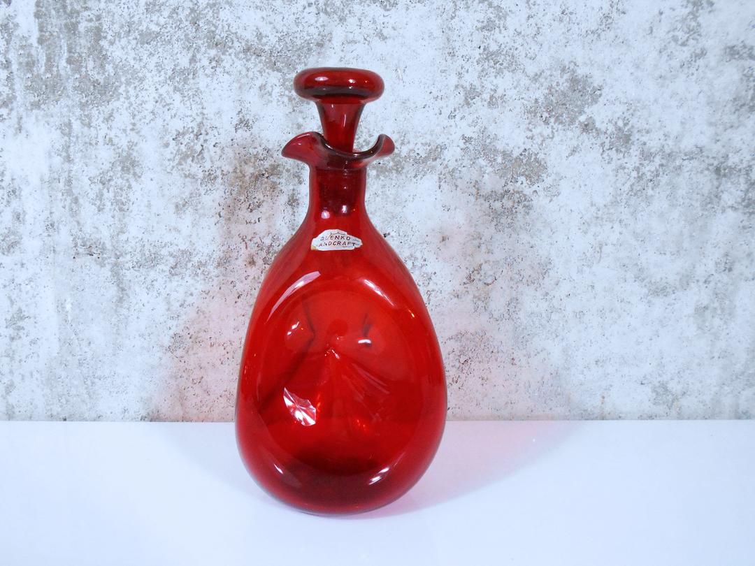 Signed 2009 Blenko Ruby Red 384 Glass Water Bottle Carafe, Vintage