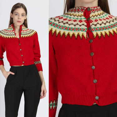 60~70’s Vintage l hook nordic knit cardigan 70s Boho Nordic Cardigan - XXS | Vintage Red | Flying Apple