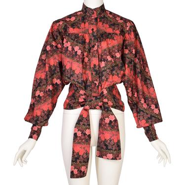 Koos Van Den Akker Black Orange Pink Floral Leaf Print Silk Tie Waist Blouse Top