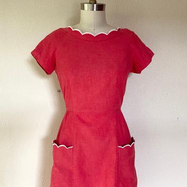 1960s red cotton dress with scalloped details 