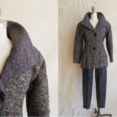 Vintage 80s Geoffrey Beene Tweed Coat with Silk Lining/ 1980s Princess Cut Rainbow Speckle Jacket/ Standing Collar/ Size Medium 