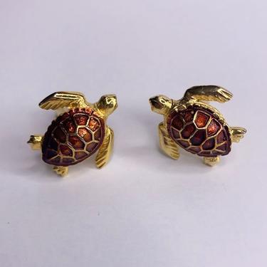 vintage turtle cufflinks gold tone with brown enamel,  1980s 