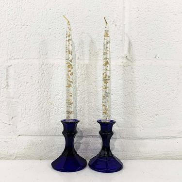 True Vintage Glass Cobalt Blue Candle Holders Pair Candlesticks Decor Mid-Century Candleholder Wedding Candlestick Boho MCM 