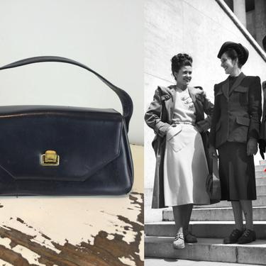 Fashionable War Efforts - Vintage 1940s Navy Blue Kip Leather Coffin Box Handbag Purse 