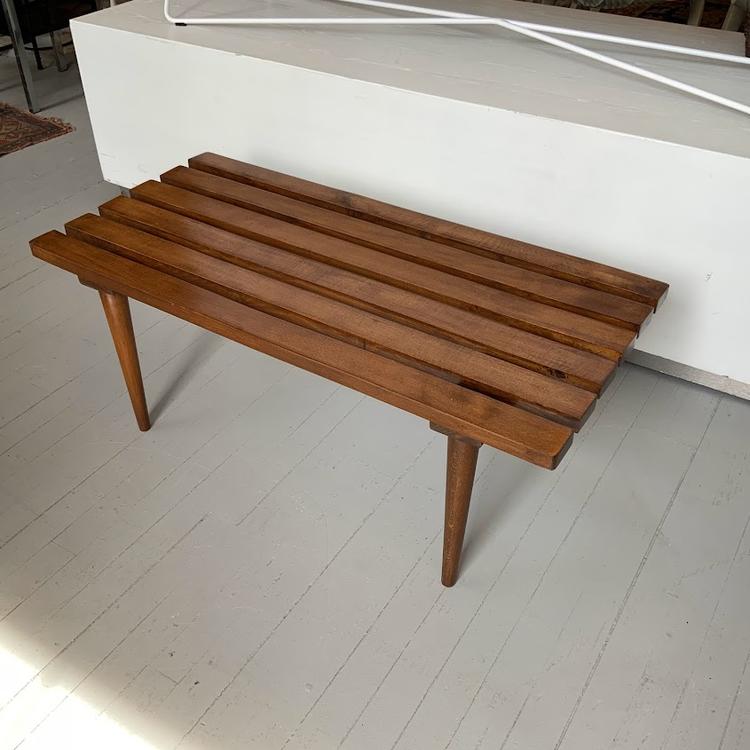 Vintage Slatted Walnut Wood Bench