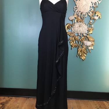 1990s slip dress, betsy &amp; adam, vintage 90s dress, black polyester, spaghetti straps, small, asymmetrical wrap, beaded trim, 90s formal, 26 