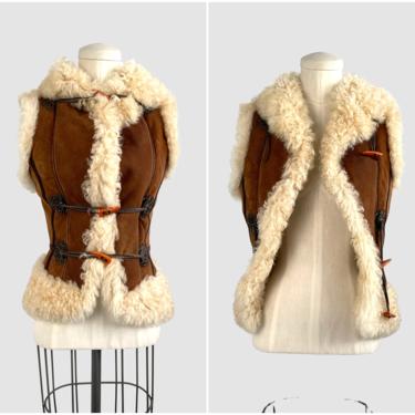 PENNY LANE 70s Afghan Style Vintage Shearling and Suede Vest | 1970s 60s Curly Lamb Fur, Sheep Sheepskin | Hippie Boho Tribal | Size X Small 