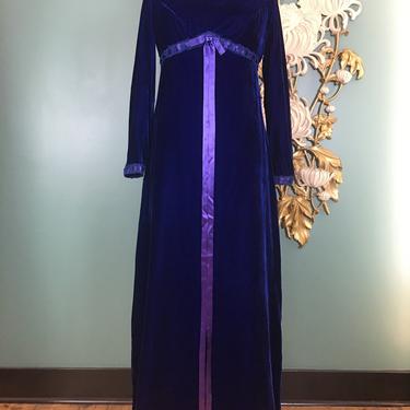 1960s maxi dress, royal blue velvet, vintage 60s dress, victorian style, empire waist, long sleeve, holiday dress, small, button back, mod 