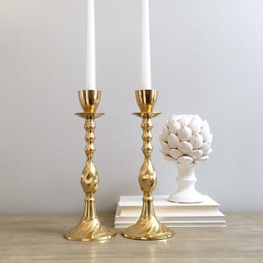 Tall Gold Candlesticks Lacquered Brass Candle Holders Pair Set Regency Decor 