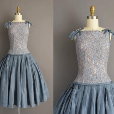 vintage 1950s dress | Gorgeous Blue Lace Sweeping Full Skirt Cocktail Party Prom Dress | Small | 50s vintage dress 