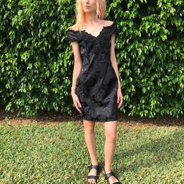 1980s Party Dress/  LBD Beaded Off the Shoulder Cocktail Dress / Scott McClintock / Avant Garde / Satin Embossed Floral / Little Black Dress 