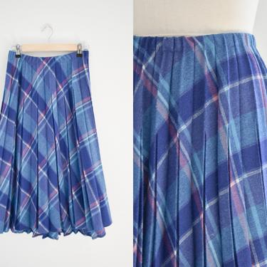 1970s/80s Turquoise Plaid Pleated Midi Skirt 