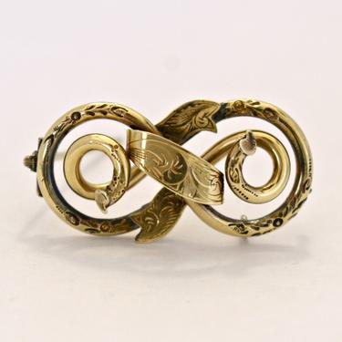 Antique Victorian 10k gold ornate love knot c clasp brooch, elegant intricate yellow gold floral infinity knot ribbon pin 
